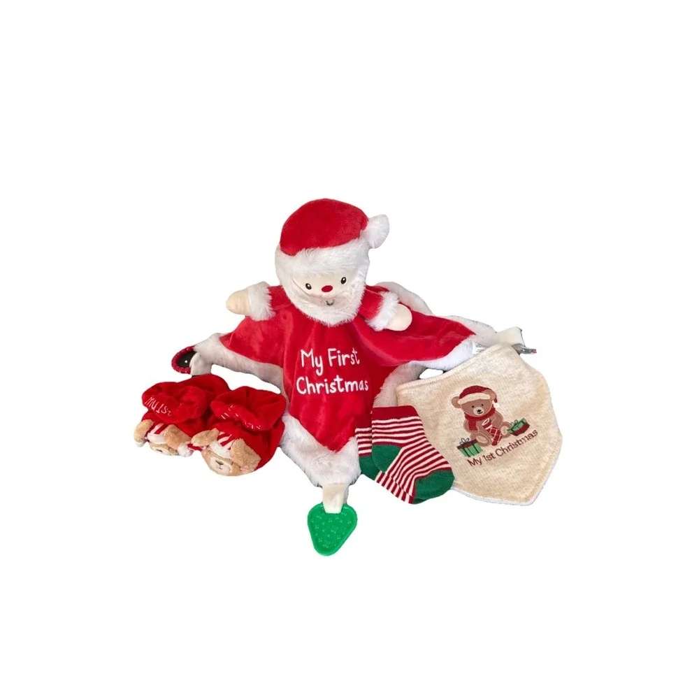 Baby's 1st Christmas Gift Basket Stocking Outfit Booties Bib Socks Lovey Rattle